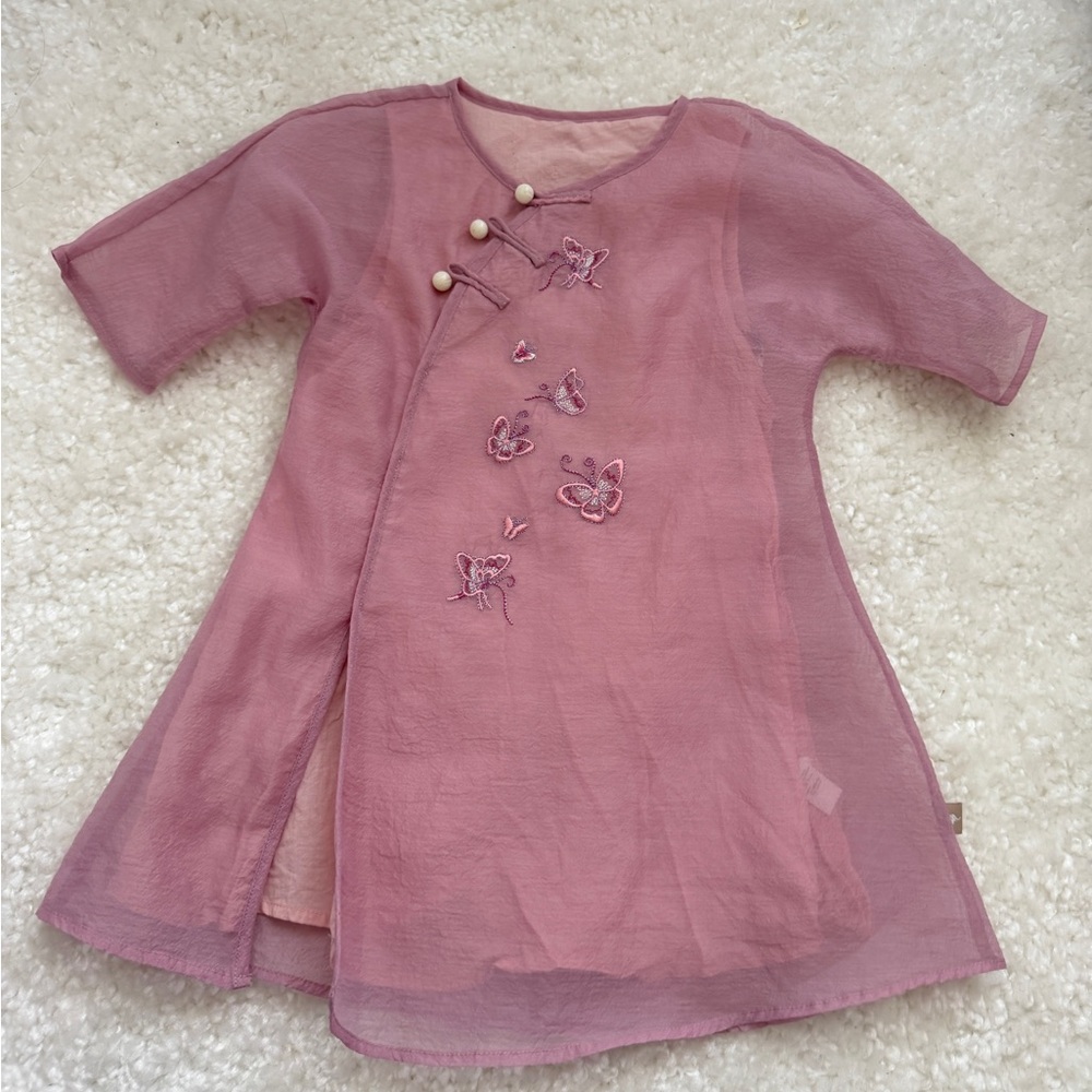 Pink Sheer Dress with Butterfly Embroidery